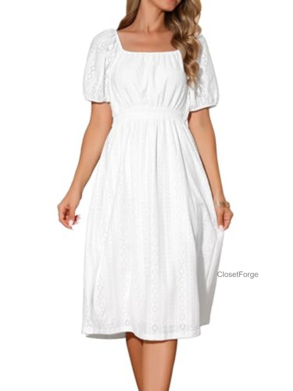 Women's Square Neck A-Line Midi Dress Short Sleeve Eyelet Summer Casual Flowy